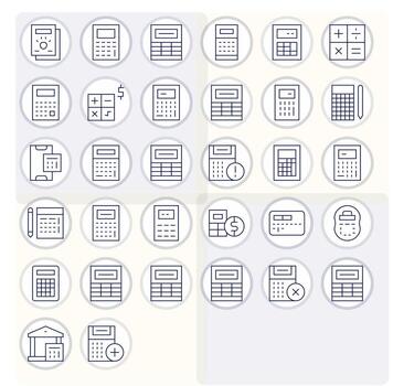 32 Grid Fitted Icons themed around Calculator in 256x256 Thin Line format vector