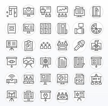 Presentation Icon Set with 35 Regular Line 64x64 Pixel Aligned Graphics vector