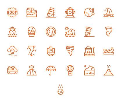 Disaster Visual Pack containing 25 Regular Line Pixel Optimized Icons vector