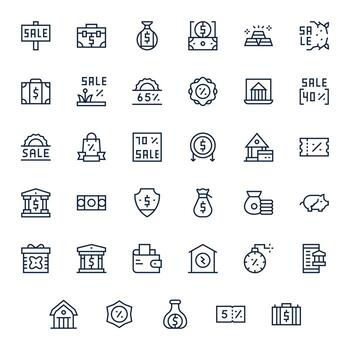 Savings Comprehensive Bundle with 35 Grid Fitted Regular Line 64x64 Icons vector