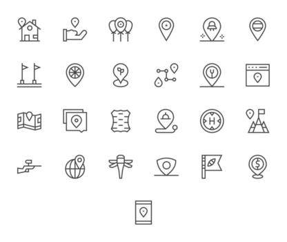 25 64 x 64 regular línea íconos para marcador con cuadrícula equipado precisión vector