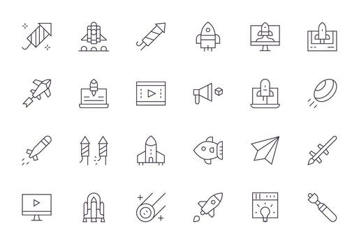 24 Detail Enhanced Icons themed around Launch in High Resolution Thin Line format vector