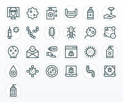 Virus Icon Collection featuring 25 Pixel Aligned High Resolution Regular Line Designs vector