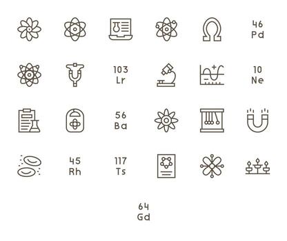 Physics Essential Set including 25 Pixel Optimized Regular Line 64x64 Icons vector