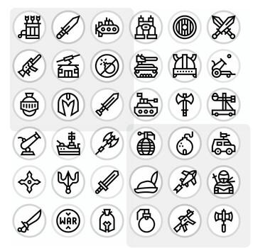 Warfare Icon Toolkit featuring 36 Grid Fitted High Resolution Bold Line elements vector