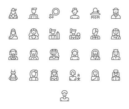 Female Icon Toolkit featuring 25 Editable High Resolution Regular Line elements vector