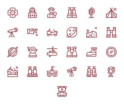 Exploration Icon Collection with 25 High Resolution Regular Line Designs vector