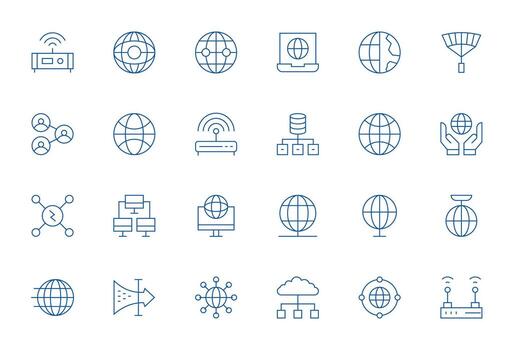 Network Connection Icon Set with 24 Thin Line 64x64 PIXEL Perfect Graphics vector