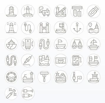 32 Pixel Optimized Icons themed around Port in High Resolution Thin Line format vector