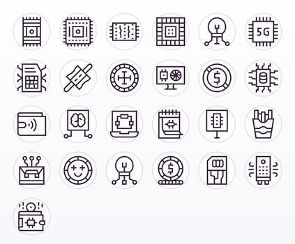 Chip Icon Set with 25 Regular Line 256x256 Editable Graphics vector