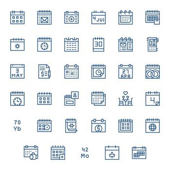 Date Visual Pack containing 35 Regular Line Pixel Optimized Icons vector