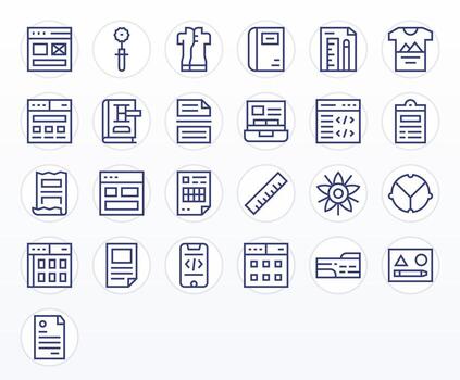 Template Design Icons featuring 25 Grid Fitted Regular Line Style vector