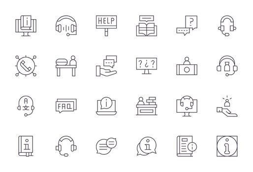 24 Icons for Support Center featuring 256x256 Pixel Optimized Thin Line Graphics vector