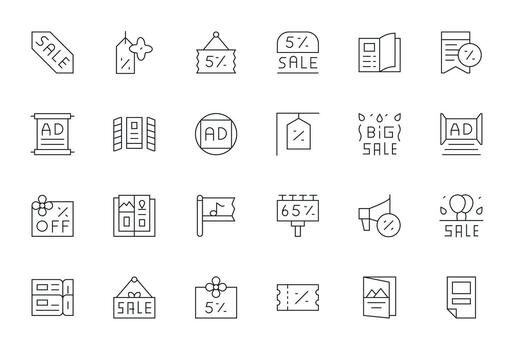 Flyer Icon Set with 24 Thin Line High Resolution Pixel Optimized Graphics vector
