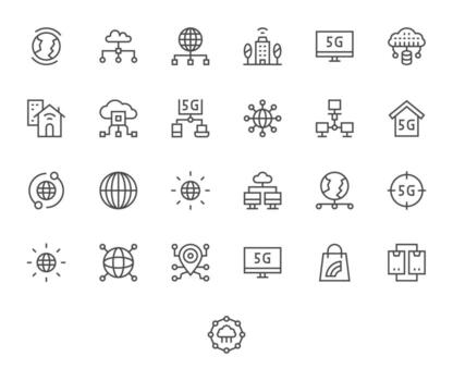 25 píxel optimizado 128x128 íconos para conectividad en elegante regular línea diseño vector