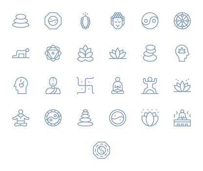 25 Pixel Aligned Icons themed around Meditation in High Resolution Regular Line format vector