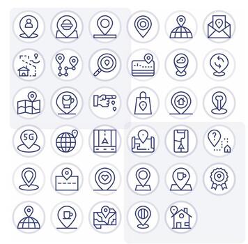 Geolocation Icon Library with 35 Regular Line 64x64 Grid Fitted Designs vector
