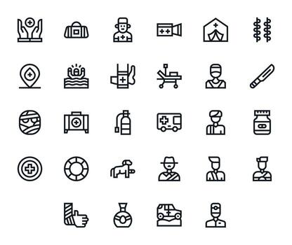 Bold Line Style First Aid Icons with 28 High Resolution Pixel Optimized Designs vector