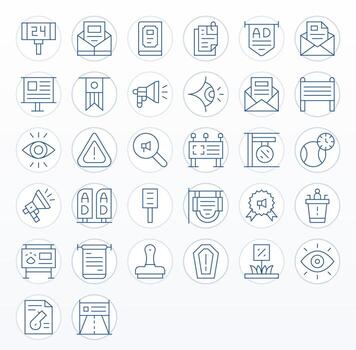 32 Thin Line Icons for Notice in crisp 64x64 Pixel Aligned resolution vector