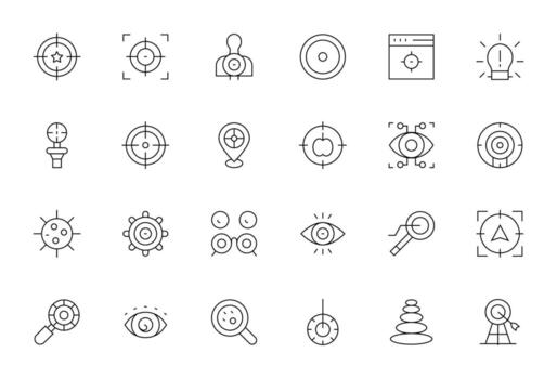 24 Icons inspired by Focus in Pixel Optimized 256x256 Thin Line quality vector