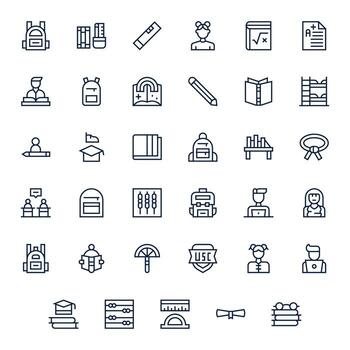 Student Icon Library with 35 Regular Line High Resolution Grid Fitted Designs vector