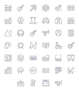 40 íconos inspirado por música en píxel optimizado 256x256 Delgado línea calidad vector