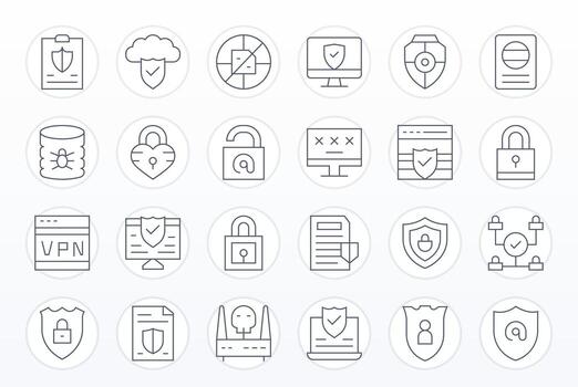 24 Grid Fitted Icons themed around Digital Security in 256x256 Thin Line format vector