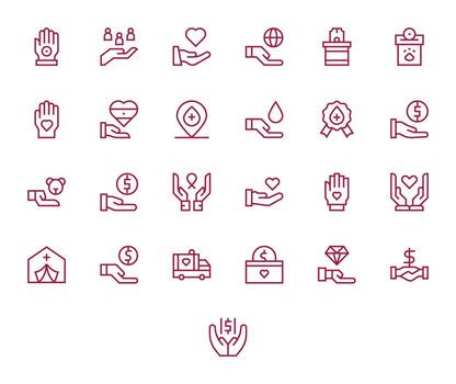 Donation Visual Pack containing 25 Regular Line Pixel Optimized Icons vector