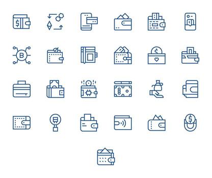 Wallet Scalable Set featuring 25 Detail Enhanced Regular Line High Resolution Icons vector