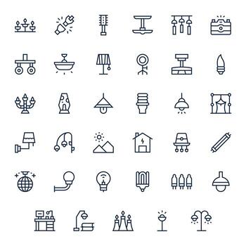 Lighting Icon Toolkit featuring 35 Grid Fitted High Resolution Regular Line elements vector