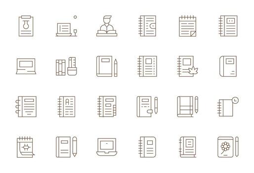 24 Delgado línea píxel optimizado íconos para cuaderno gráficos vector