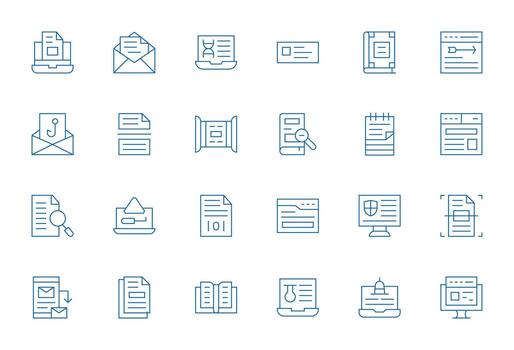 24 Grid Fitted Icons themed around Digital Document in 128x128 Thin Line format vector