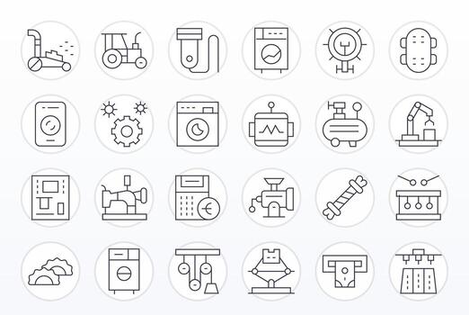Thin Line Style Machine Icons with 24 256x256 Pixel Aligned Designs vector