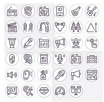 35 regular línea píxel alineado íconos hecho a mano para sonido 256x256 aplicaciones vector