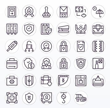 Secure High Resolution Icon Pack with 35 Regular Line Grid Fitted Elements vector