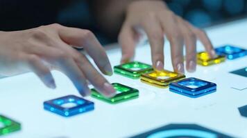 interaktiv spel gränssnitt med händer manipulera färgrik lysande kuber, trogen design video