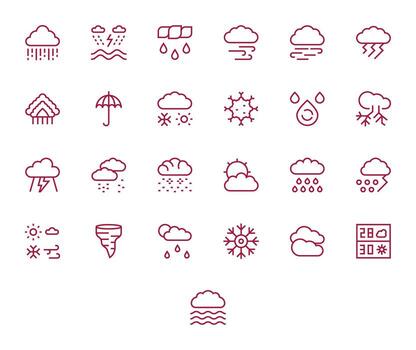 Precipitation Retina Ready Icon Pack with 25 Regular Line Display Perfect Elements vector