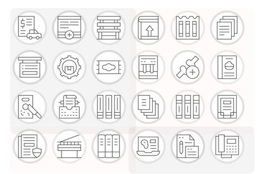 24 Pixel Aligned Icons themed around Document Management in 64x64 Thin Line format vector