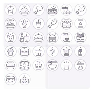 32 Thin Line Icons for Fast Food in crisp High Resolution Pixel Optimized resolution vector