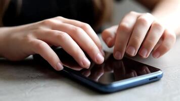 händer interagera med en modern smartphone, tappning och rulla, digital teknologi fokus, användare video