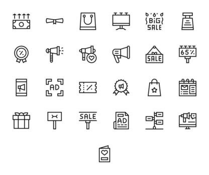 Promotion Grid Fitted Set with 25 High Resolution Regular Line Icons vector