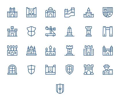 Castle Comprehensive Bundle with 25 Pixel Aligned Regular Line 256x256 Icons vector