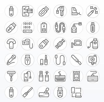 Usb Scalable Set featuring 35 Grid Fitted Regular Line Retina Ready Icons vector