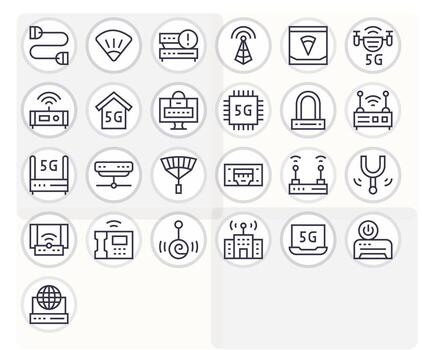 25 regular línea píxel alineado íconos para módem gráficos vector