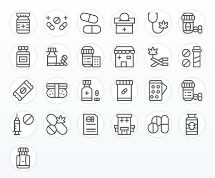 25 Icons for Drugs optimized in PIXEL Perfect High Resolution Regular Line resolution vector