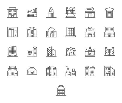 25 High Resolution Regular Line Icons for Commercial Building with Pixel Aligned precision vector