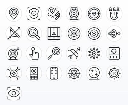 25 Pixel Aligned Icons themed around Target in Retina Ready Regular Line format vector