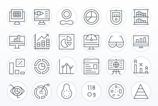 24 Data Visualization Pixel Aligned Icons in 64x64 Thin Line Aesthetic vector