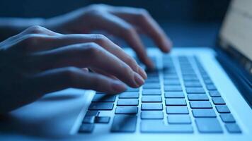 digitando su un' il computer portatile tastiera nel offuscare blu luce, vicino su Visualizza di mani scrittura su un' tastiera su video
