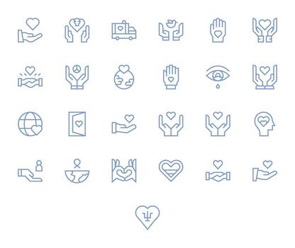 25 Grid Fitted Icons themed around Compassion in 128x128 Regular Line format vector